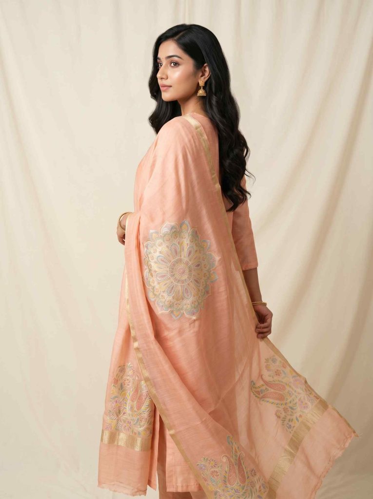 Peach Munga Silk Pure Banarasi Dupatta With Floral Rangkart Work