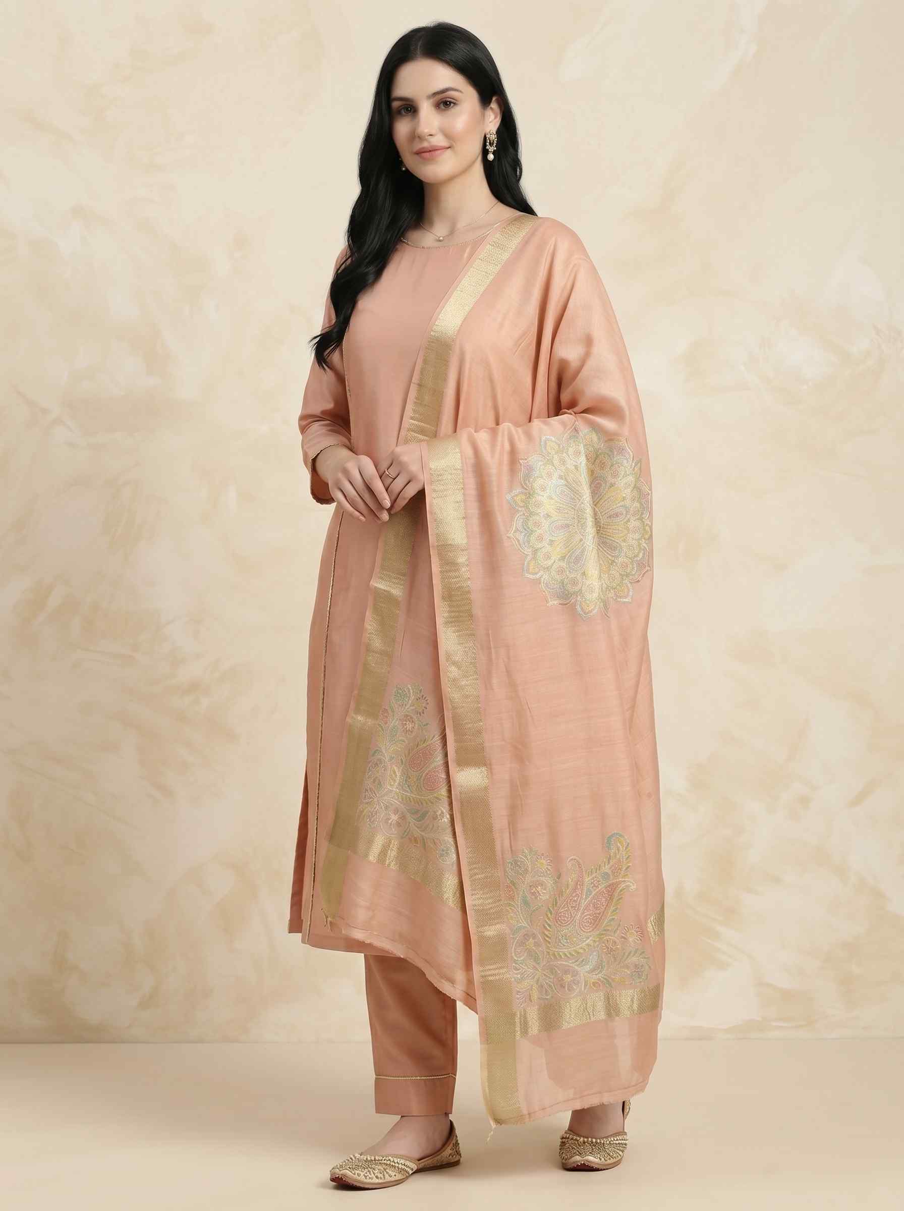 Peach Munga Silk Pure Banarasi Dupatta With Floral Rangkart Work