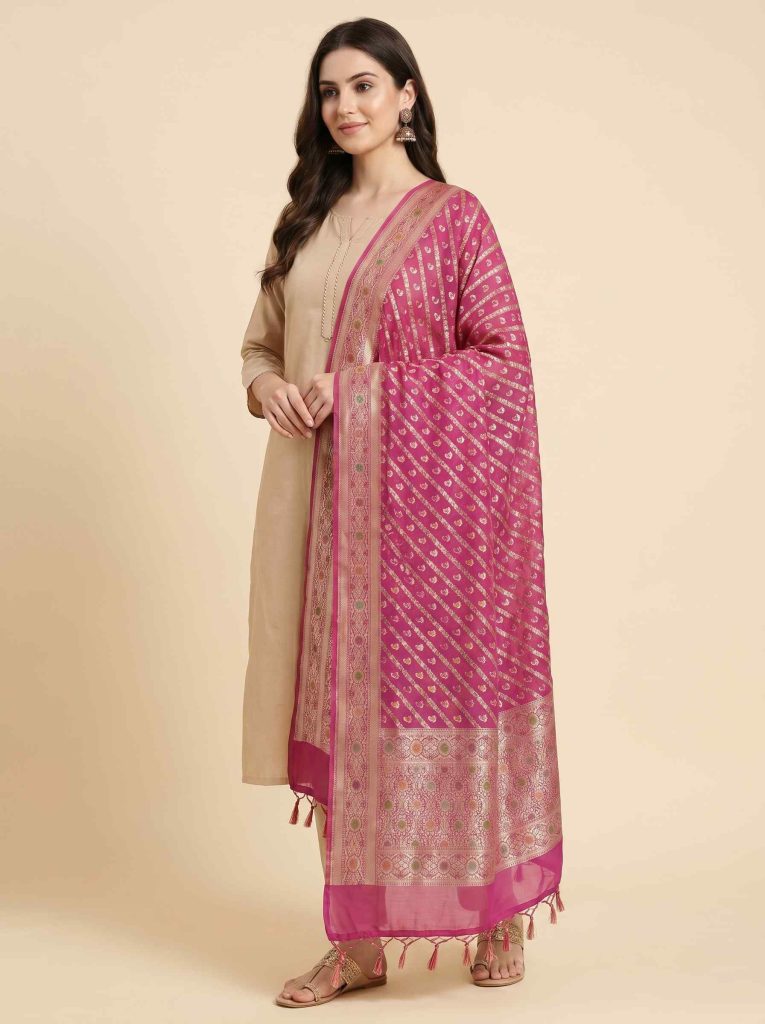 Pink Khaddi Georgette Silk Pure Banarasi Dupatta With Floral Zari & Minakari Work