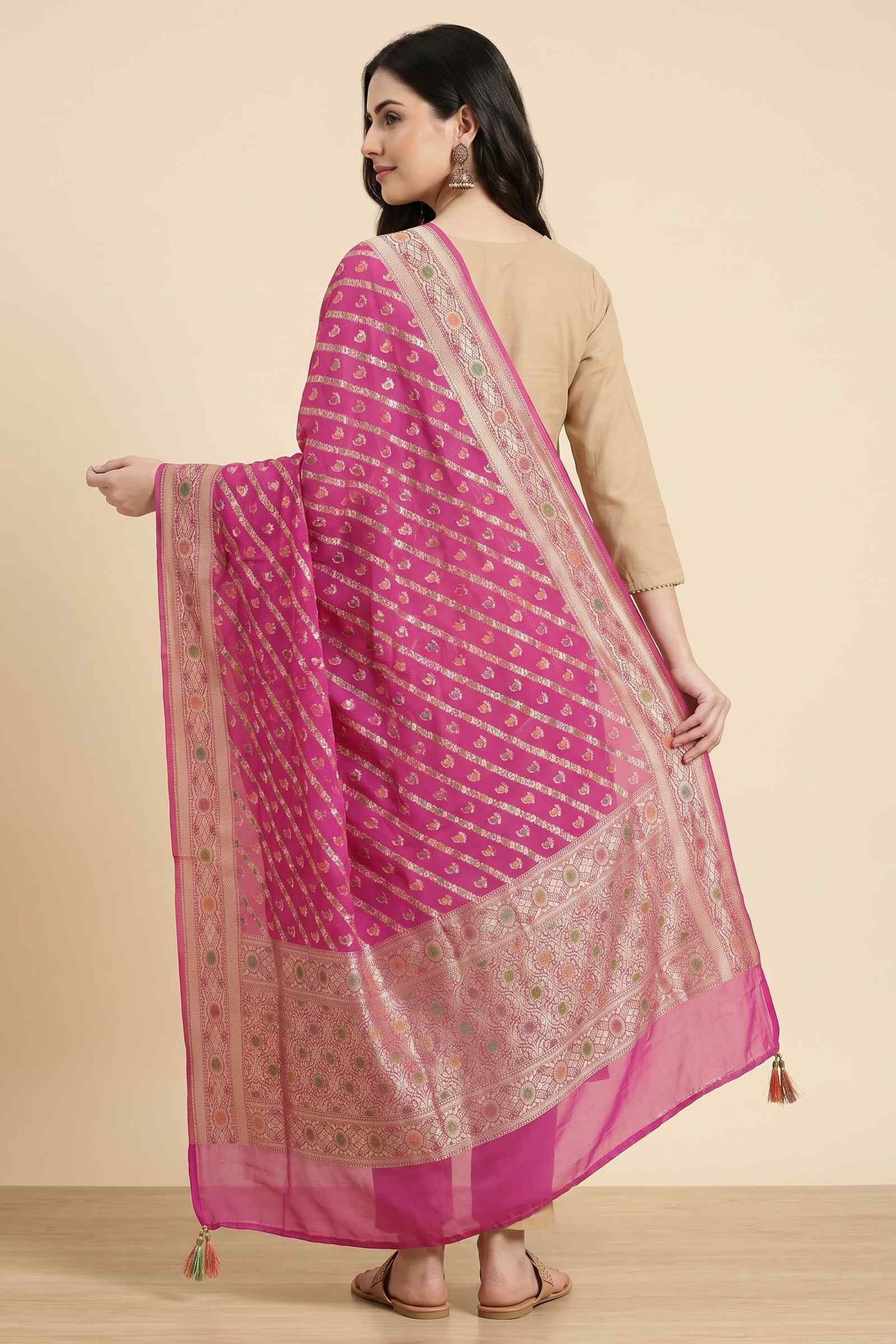 Pink Khaddi Georgette Silk Pure Banarasi Dupatta With Floral Zari & Minakari Work