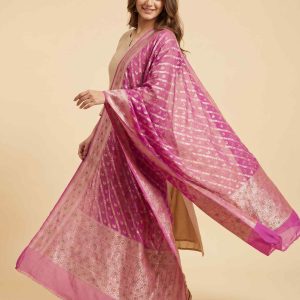 Pink Khaddi Georgette Silk Pure Banarasi Dupatta With Floral Zari & Minakari Work