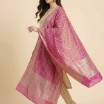 Pink Khaddi Georgette Silk Pure Banarasi Dupatta With Floral Zari & Minakari Work