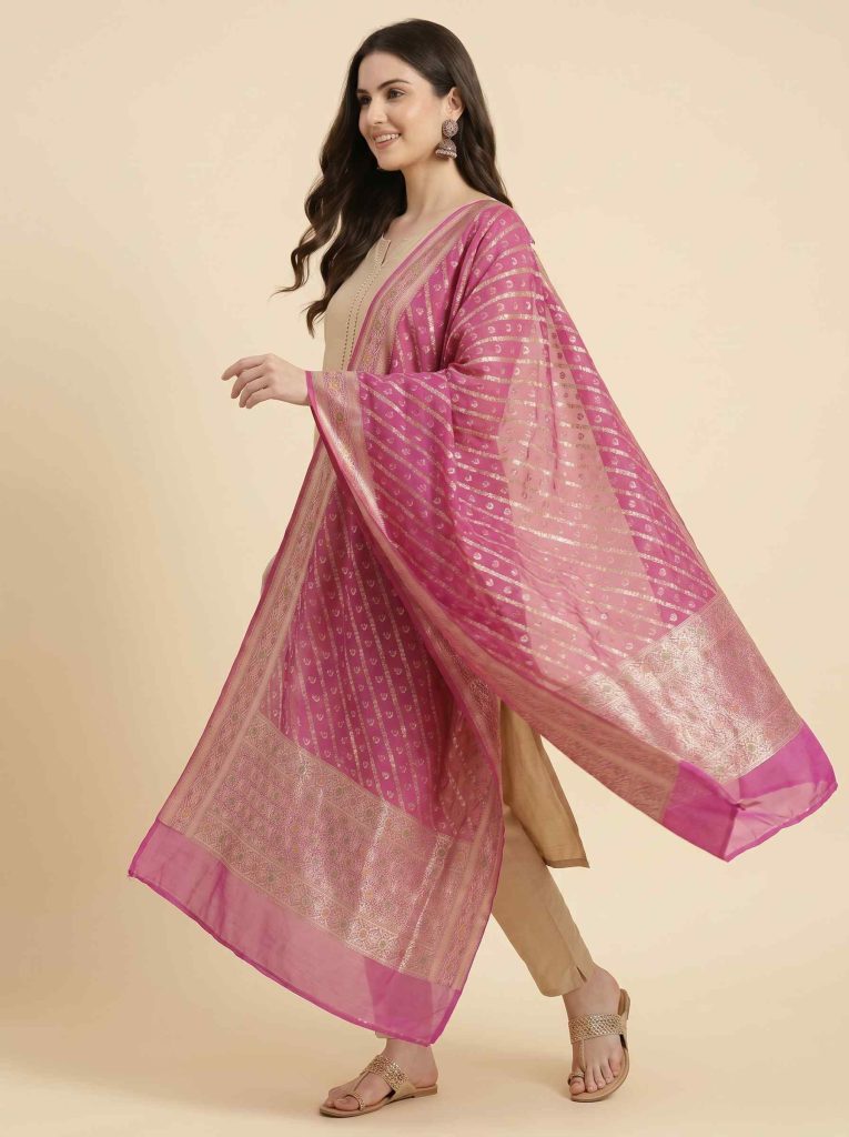 Pink Khaddi Georgette Silk Pure Banarasi Dupatta With Floral Zari & Minakari Work