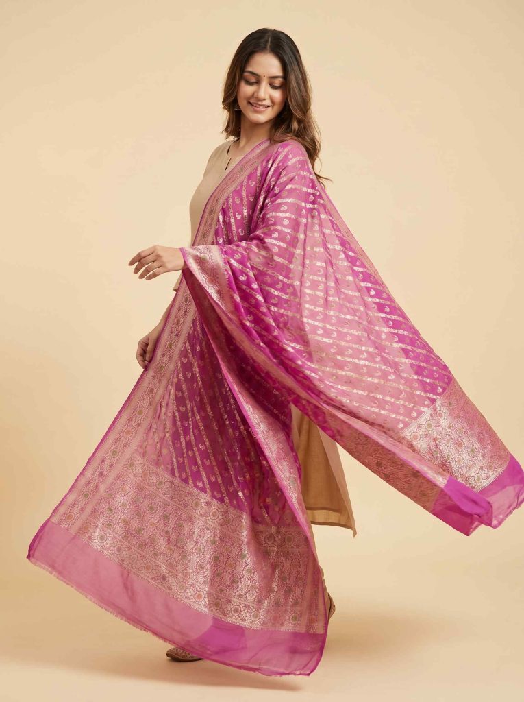 Pink Khaddi Georgette Silk Pure Banarasi Dupatta With Floral Zari & Minakari Work