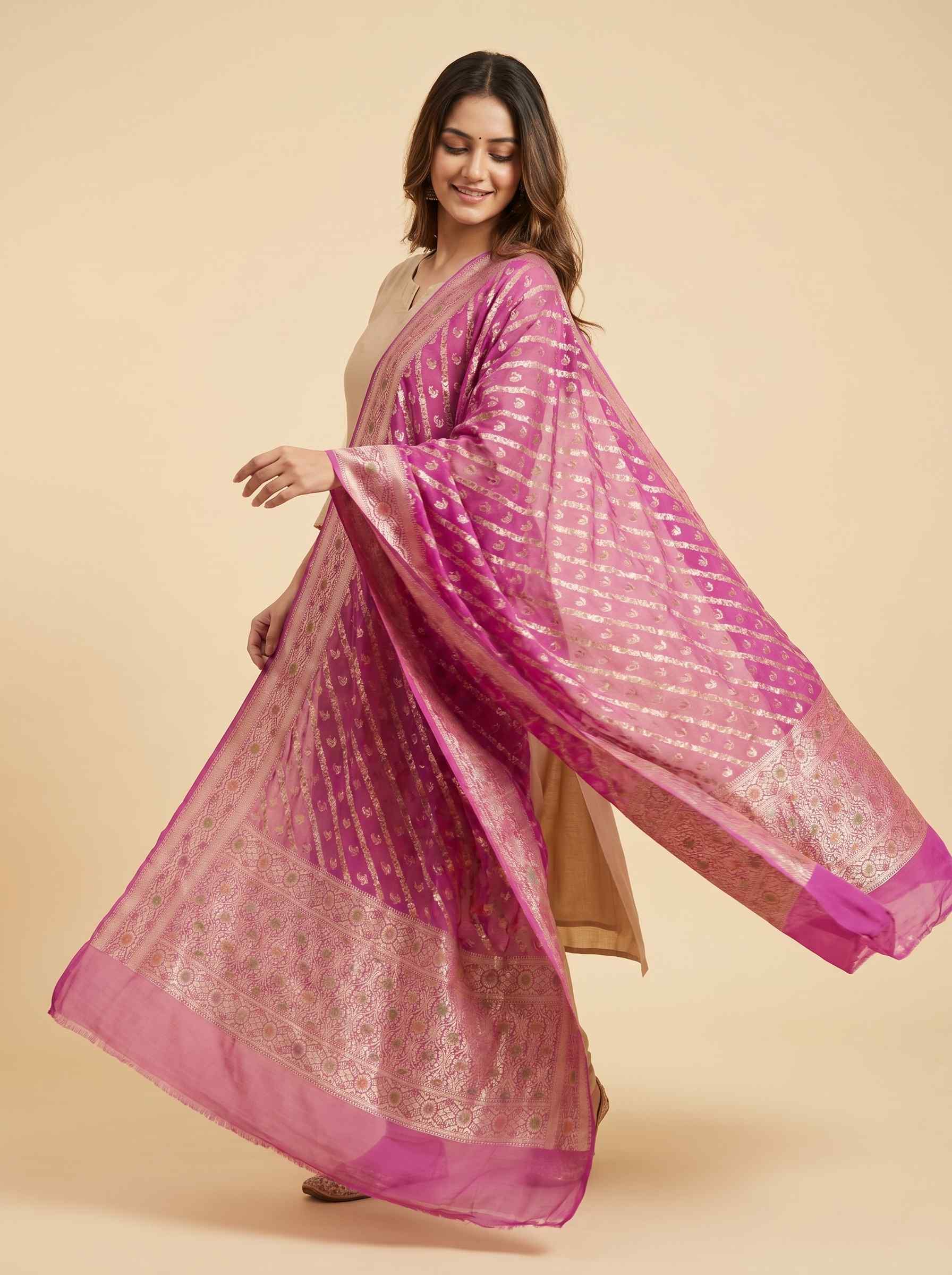 Pink Khaddi Georgette Silk Pure Banarasi Dupatta With Floral Zari & Minakari Work