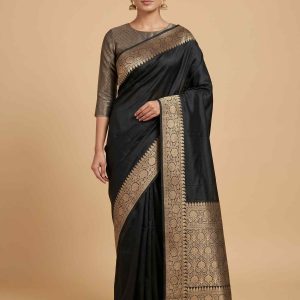 Black Semi Silk Kataan Banarasi Saree With Plain Zari Border Work