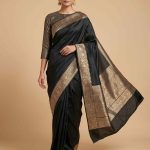 Black Semi Silk Kataan Banarasi Saree With Plain Zari Border Work