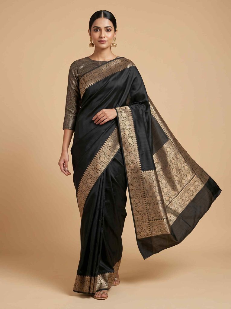 Black Semi Silk Kataan Banarasi Saree With Plain Zari Border Work