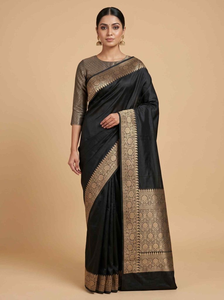 Black Semi Silk Kataan Banarasi Saree With Plain Zari Border Work