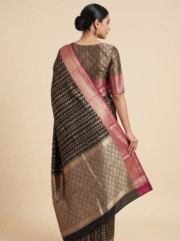 Banarasi Semi Silk Saree In Black Colour With ZigZag Silver Zari Work