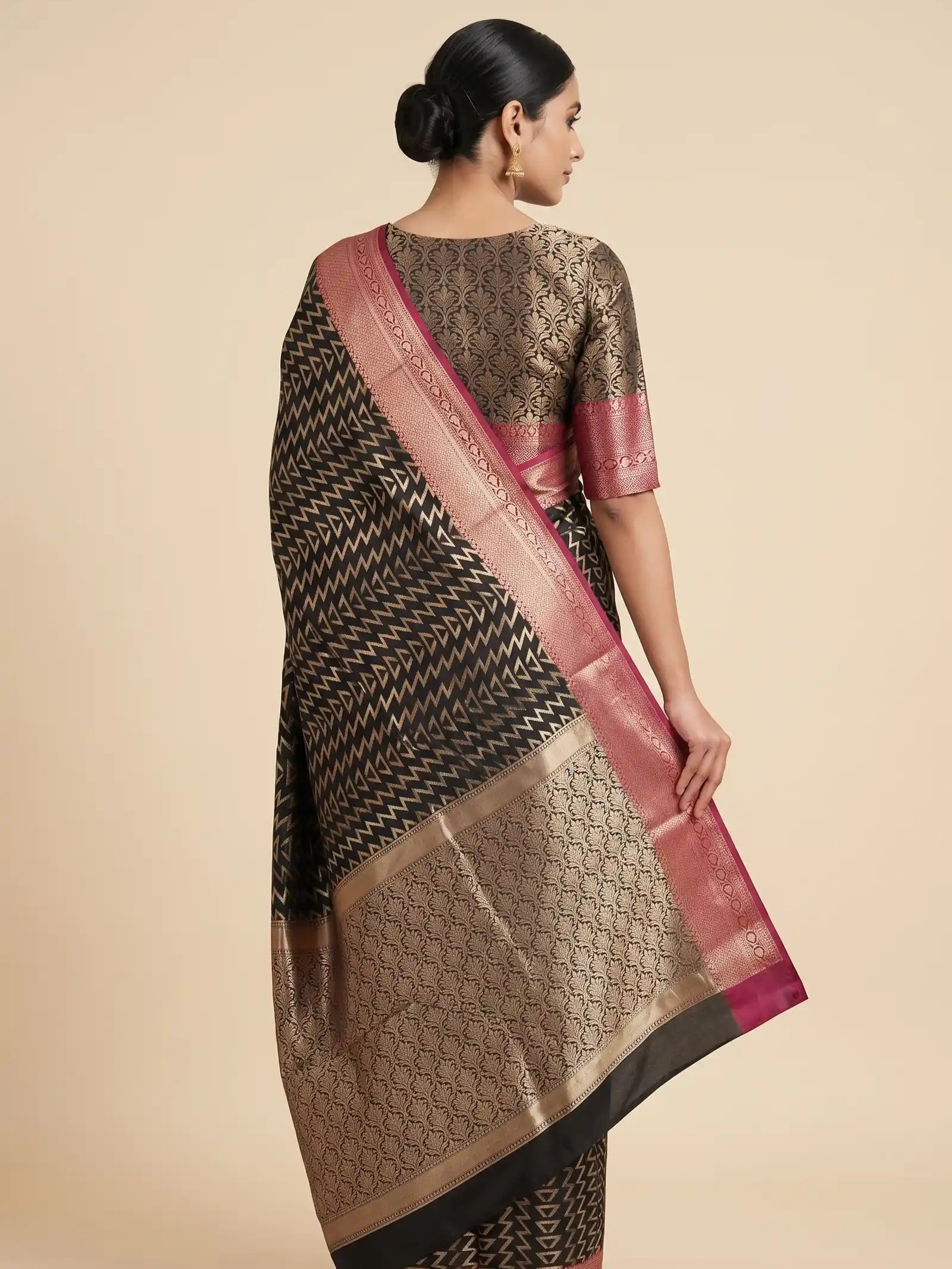 Banarasi Semi Silk Saree In Black Colour With ZigZag Silver Zari Work