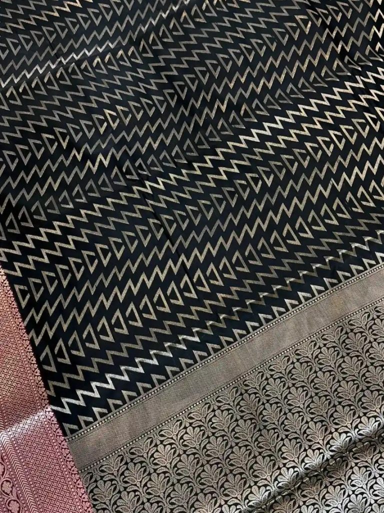 Banarasi Semi Silk Saree In Black Colour With ZigZag Silver Zari Work