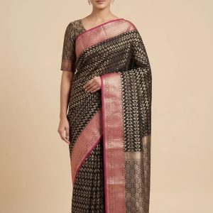 Banarasi Semi Silk Saree In Black Colour With ZigZag Silver Zari Work
