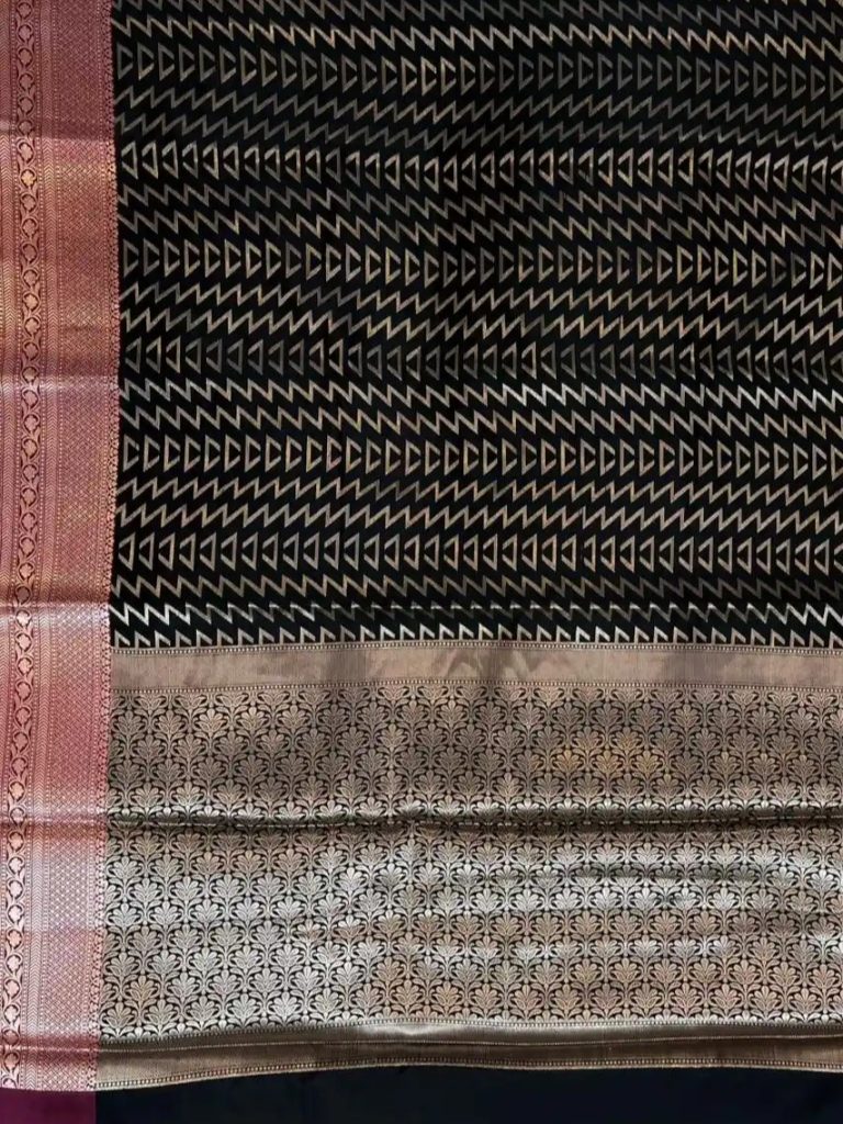 Banarasi Semi Silk Saree In Black Colour With ZigZag Silver Zari Work