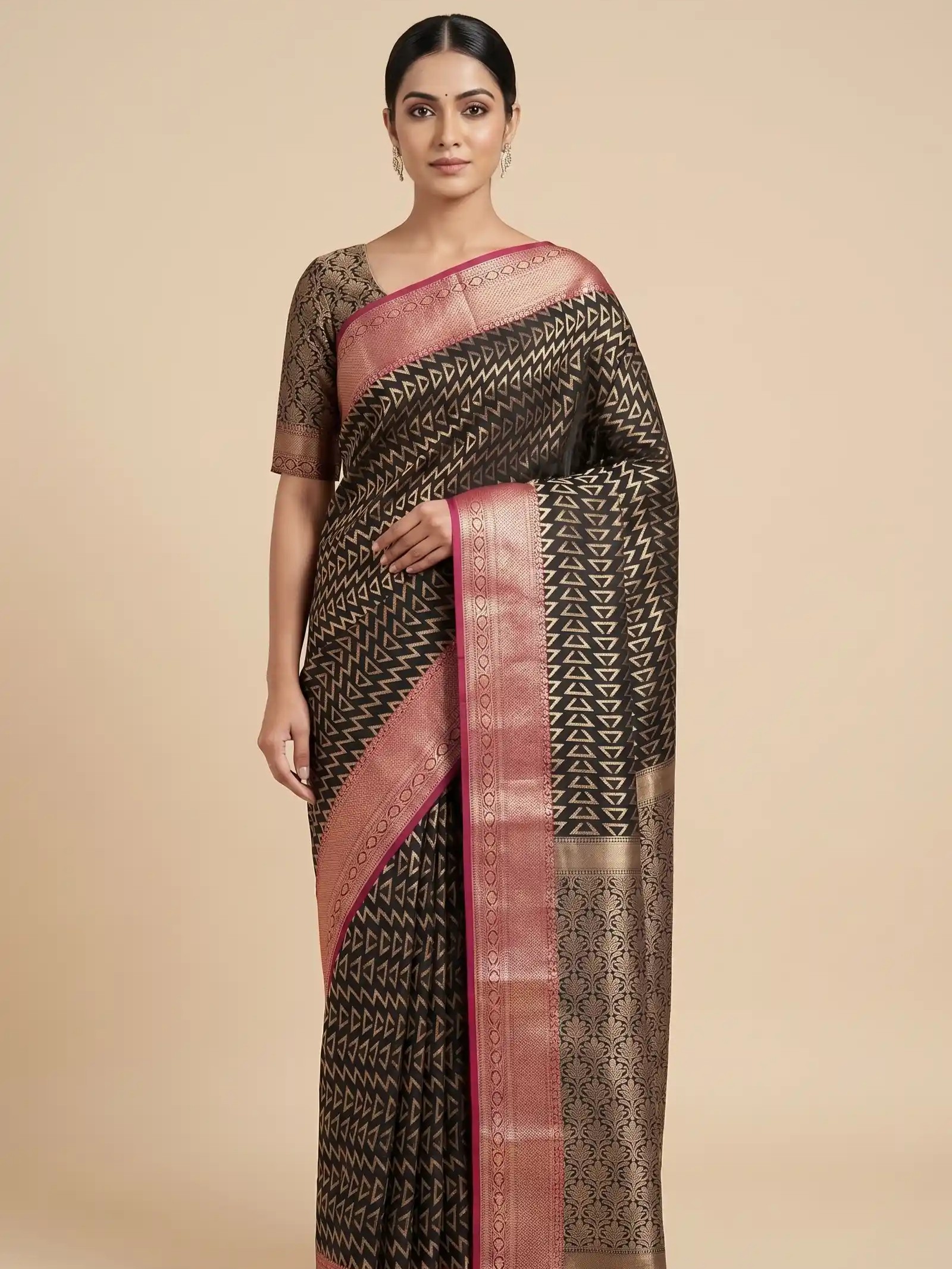Banarasi Semi Silk Saree In Black Colour With ZigZag Silver Zari Work