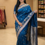 Banarasi Semi Silk Saree In Blue Colour With Floral Zari Work