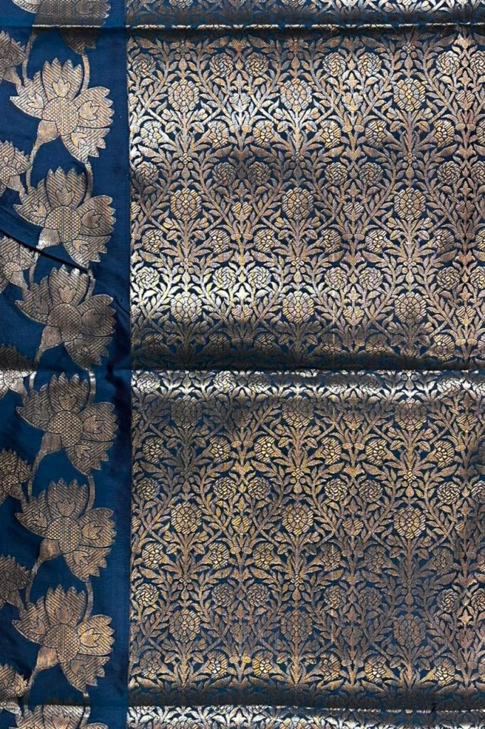 Banarasi Semi Silk Saree In Blue Colour With Floral Zari Work