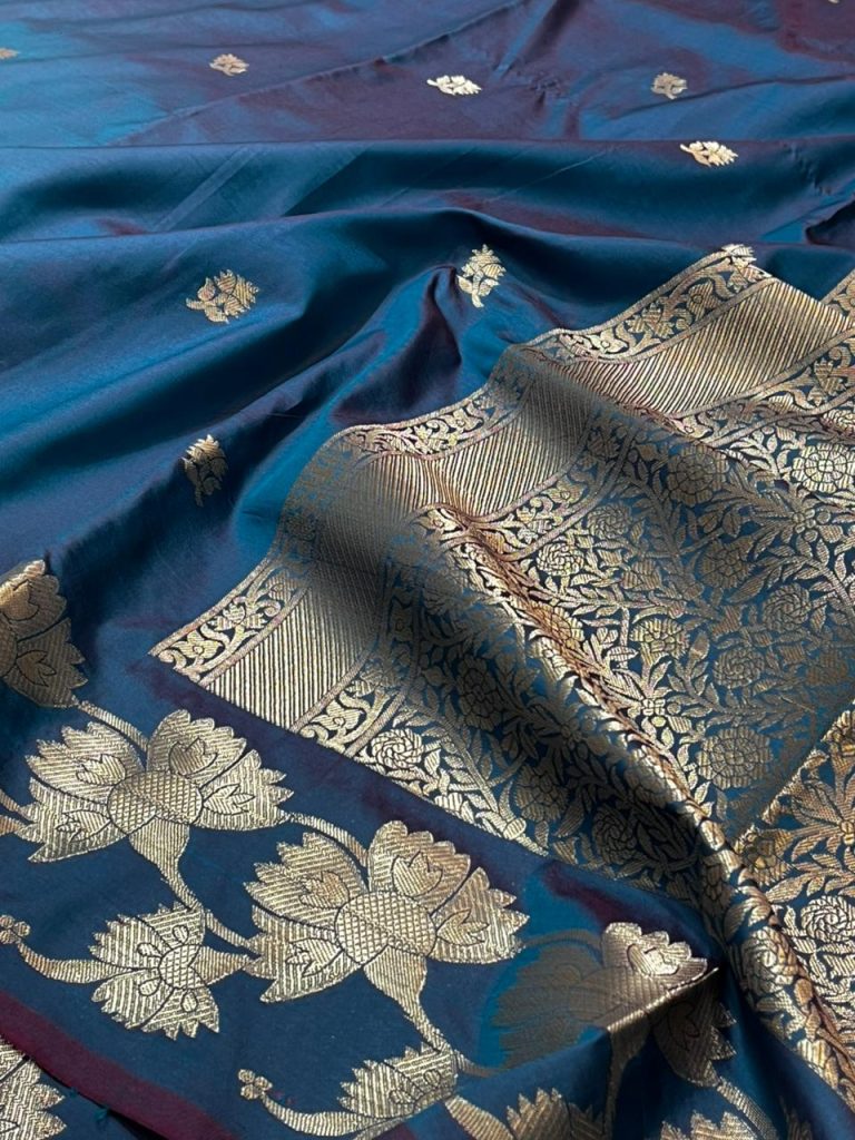 Banarasi Semi Silk Saree In Blue Colour With Floral Zari Work