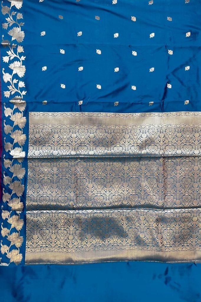 Banarasi Semi Silk Saree In Blue Colour With Floral Zari Work