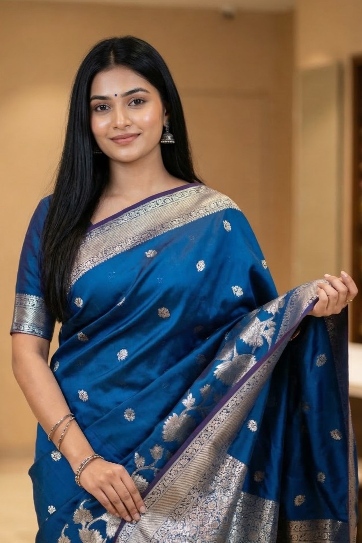 Banarasi Semi Silk Saree In Blue Colour With Floral Zari Work