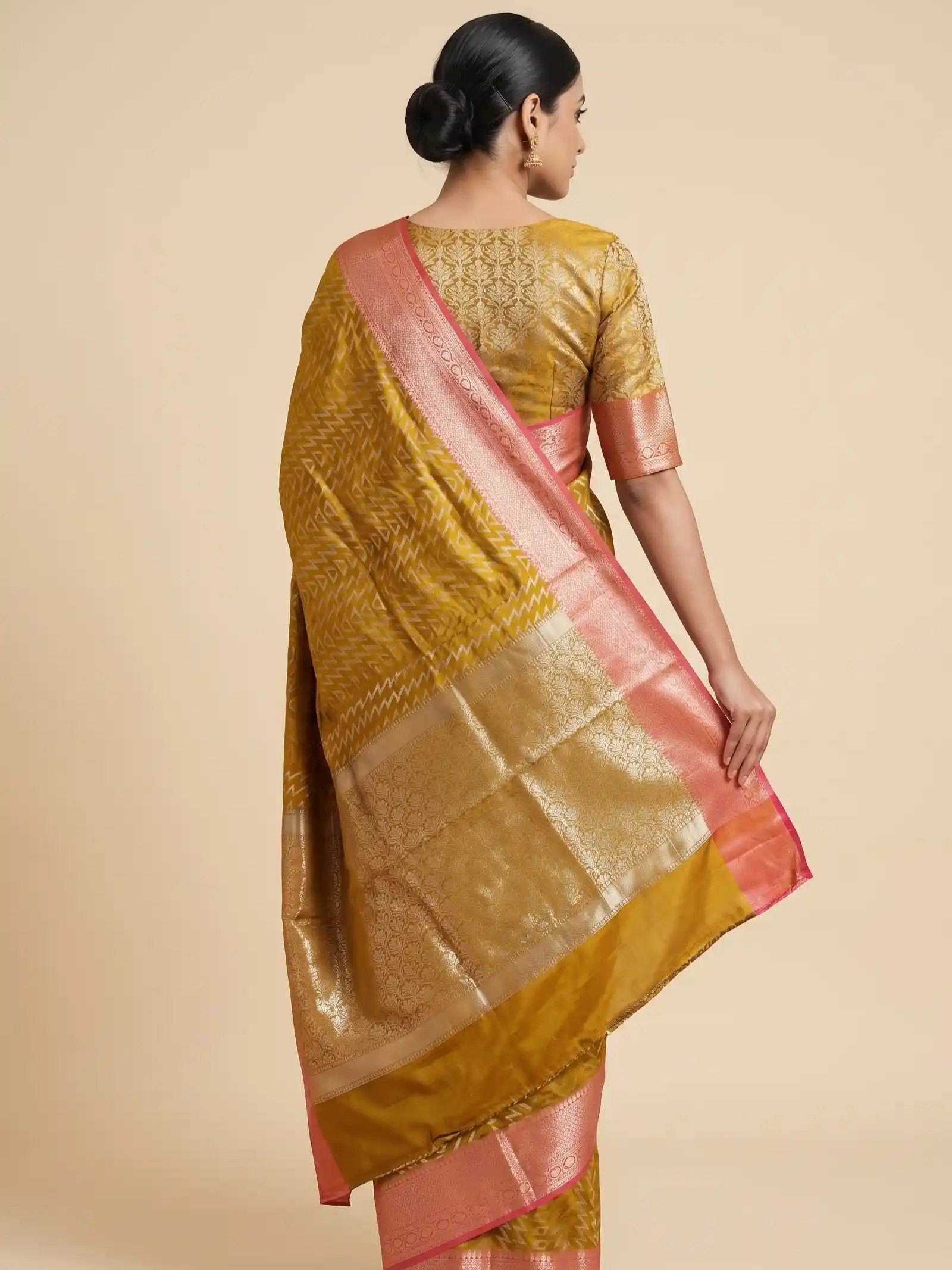 Banarasi Semi Silk Saree In Mustard Colour With ZigZag Zari Work