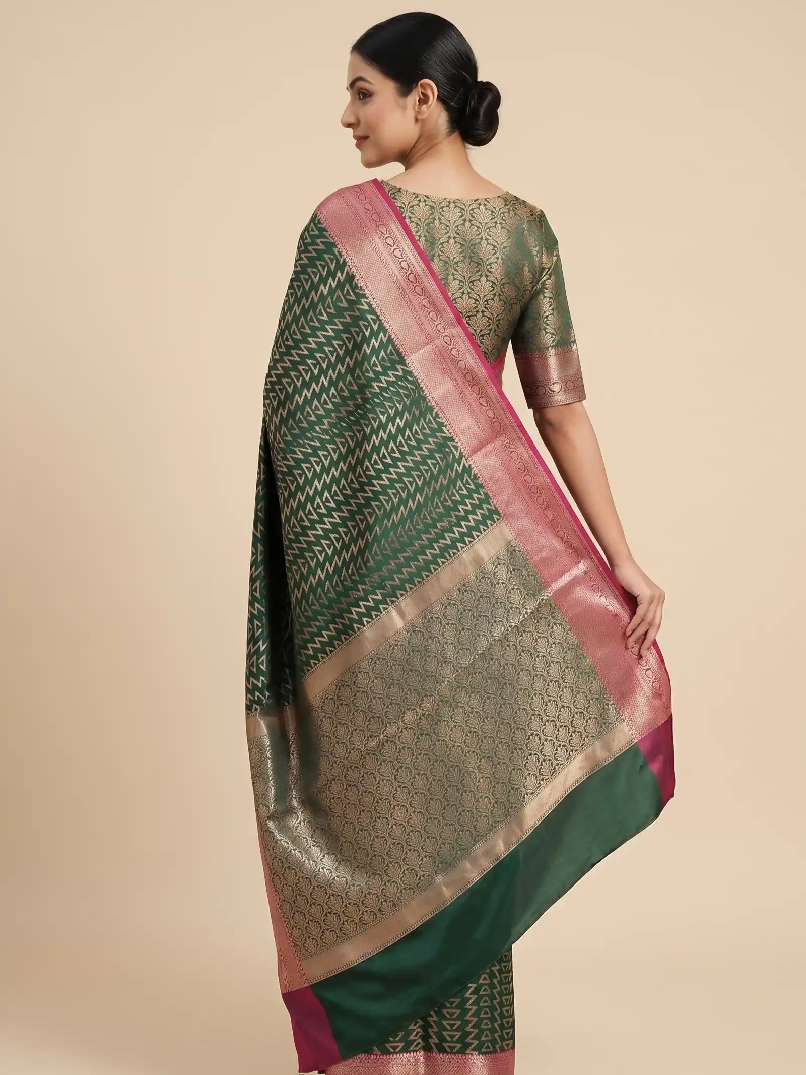 Banarasi Semi Silk Saree In Bottle Green Colour With Silver Zari ZigZag Work