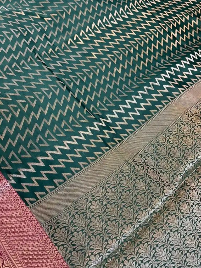 Banarasi Semi Silk Saree In Bottle Green Colour With Silver Zari ZigZag Work