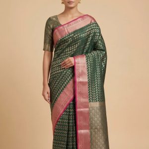 Banarasi Semi Silk Saree In Bottle Green Colour With Silver Zari ZigZag Work