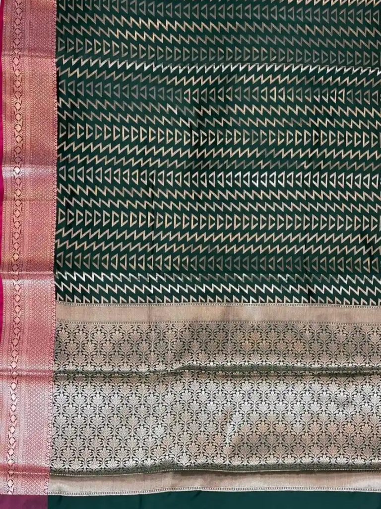 Banarasi Semi Silk Saree In Bottle Green Colour With Silver Zari ZigZag Work