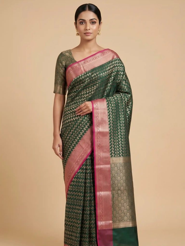 Banarasi Semi Silk Saree In Bottle Green Colour With Silver Zari ZigZag Work