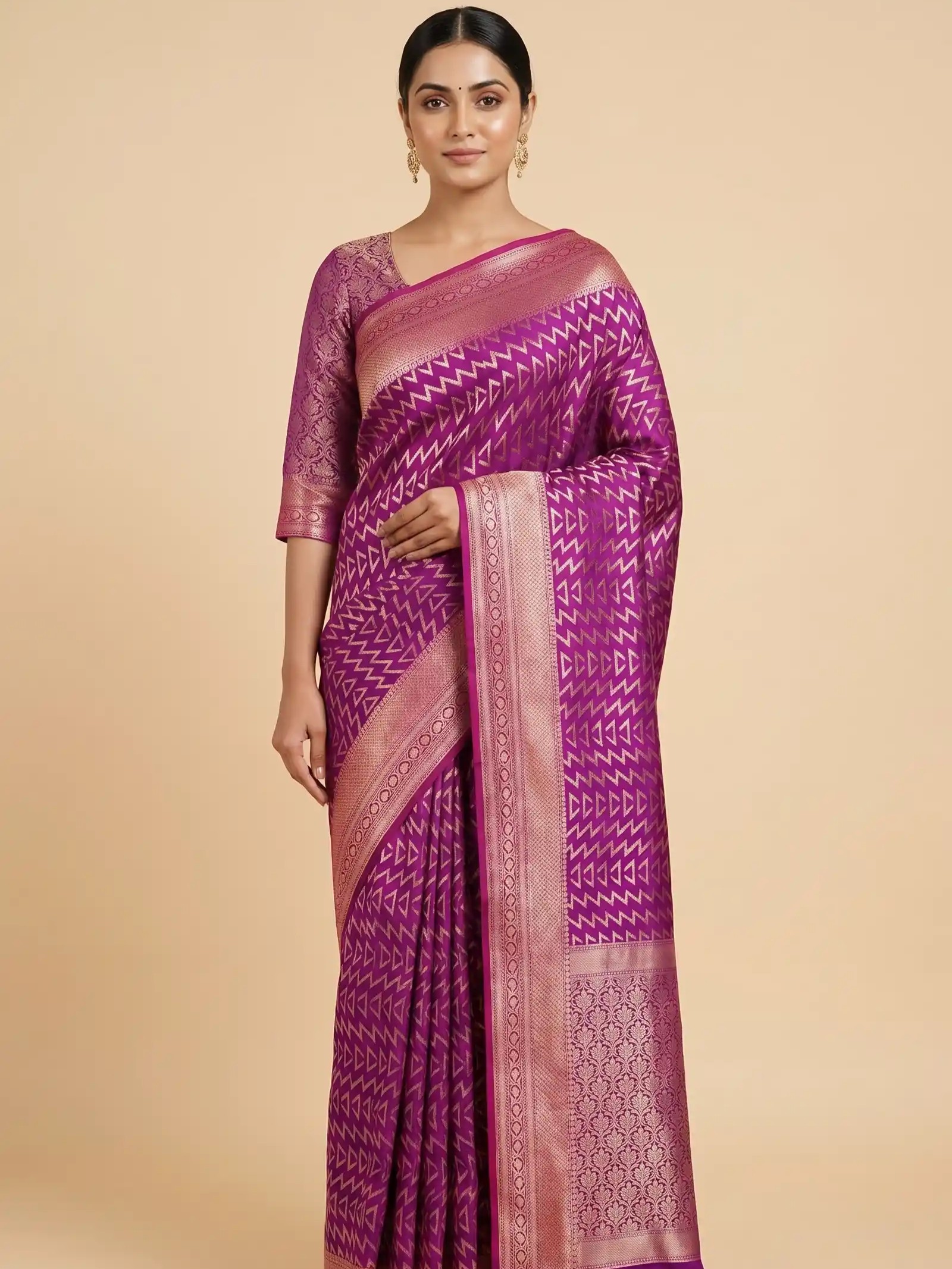 Banarasi Semi Silk Saree In Magenta Colour With Silver Zari ZigZag Work