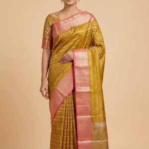 Banarasi Semi Silk Saree In Mustard Colour With ZigZag Zari Work