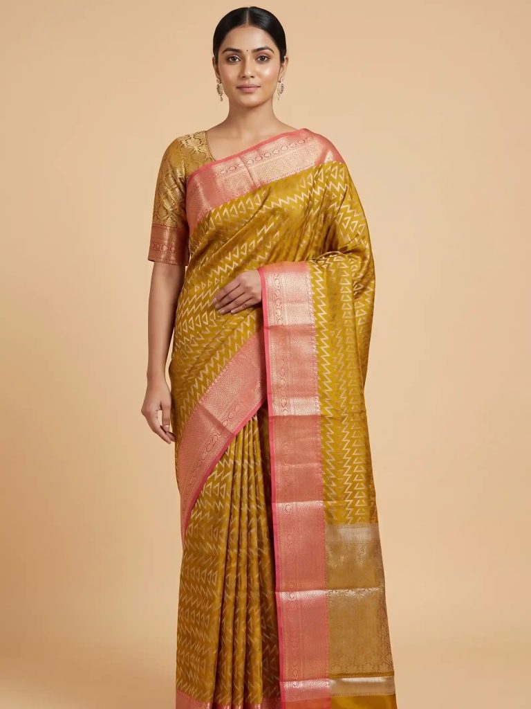 Banarasi Semi Silk Saree In Mustard Colour With ZigZag Zari Work