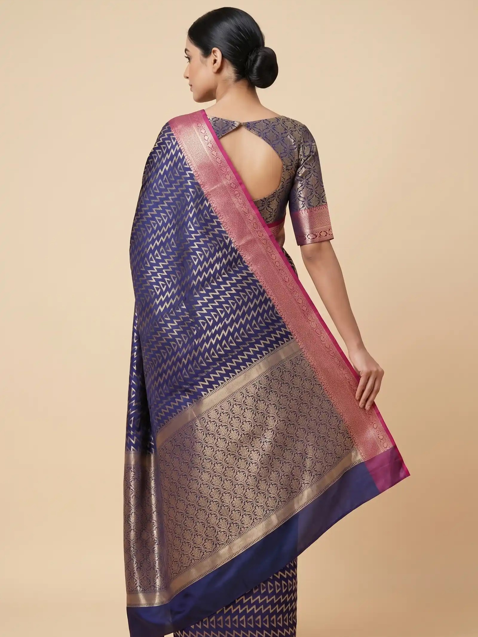 Banarasi Semi Silk Saree In Navy Blue Colour With ZigZag Zari Work