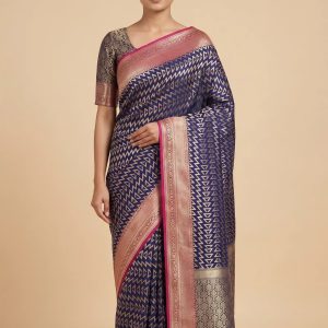 Banarasi Semi Silk Saree In Navy Blue Colour With ZigZag Zari Work
