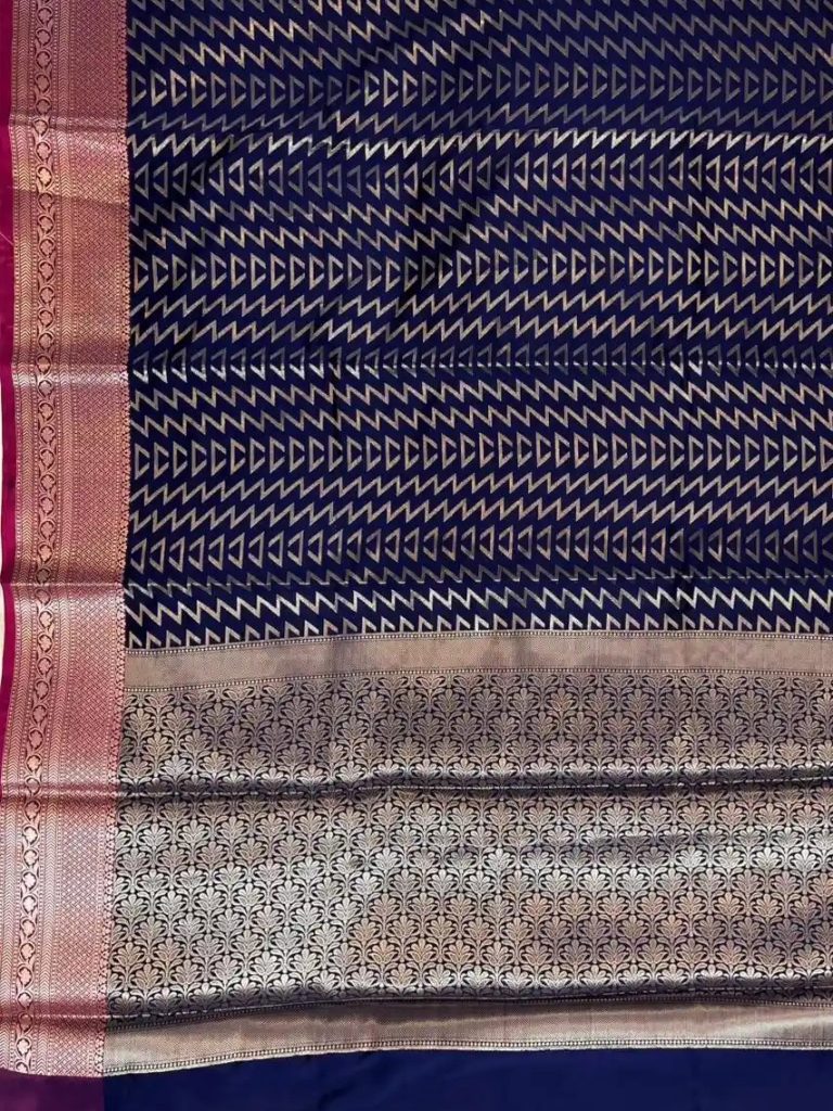 Banarasi Semi Silk Saree In Navy Blue Colour With ZigZag Zari Work