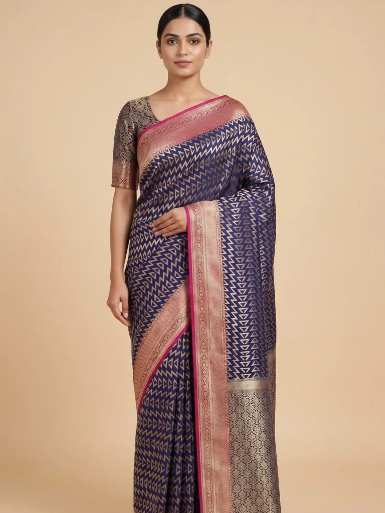 Banarasi Semi Silk Saree In Navy Blue Colour With ZigZag Zari Work