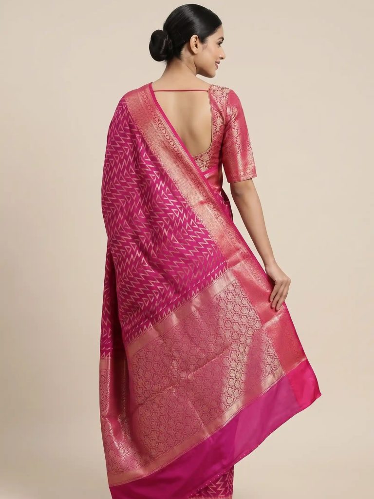 Rani Pink Semi Silk Banarasi Saree With ZigZag Zari Work