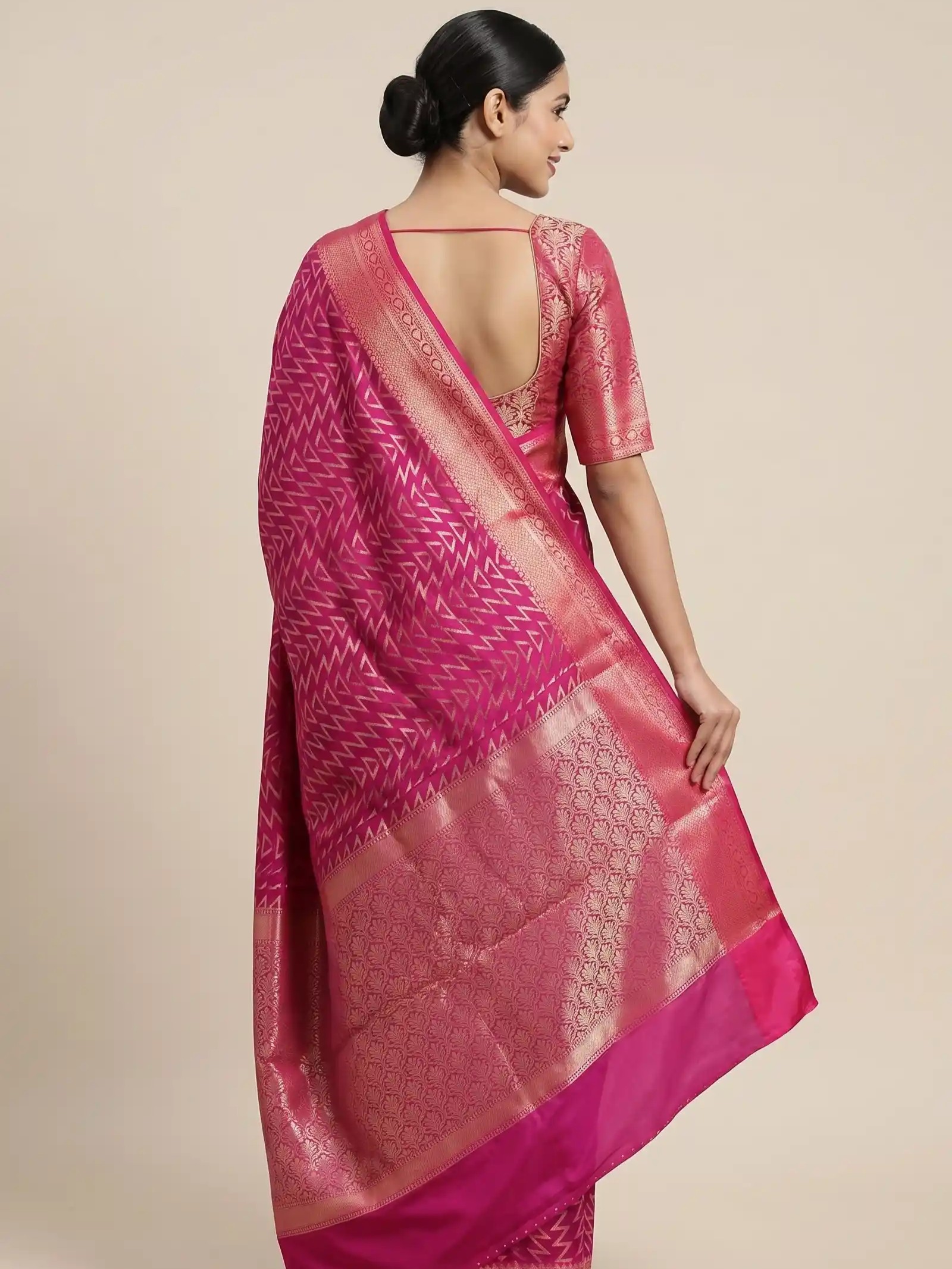 Rani Pink Semi Silk Banarasi Saree With ZigZag Zari Work