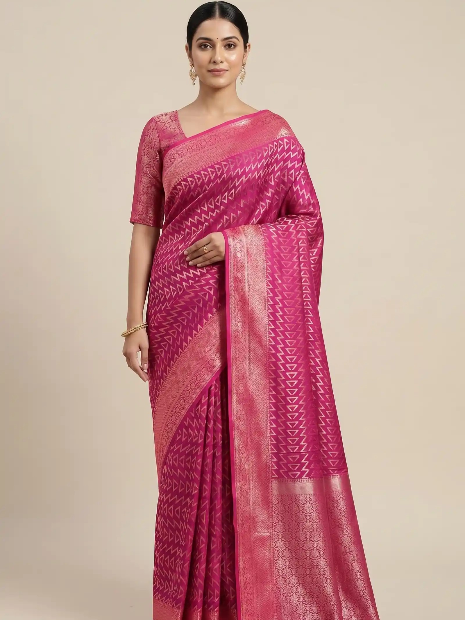 Rani Pink Semi Silk Banarasi Saree With ZigZag Zari Work