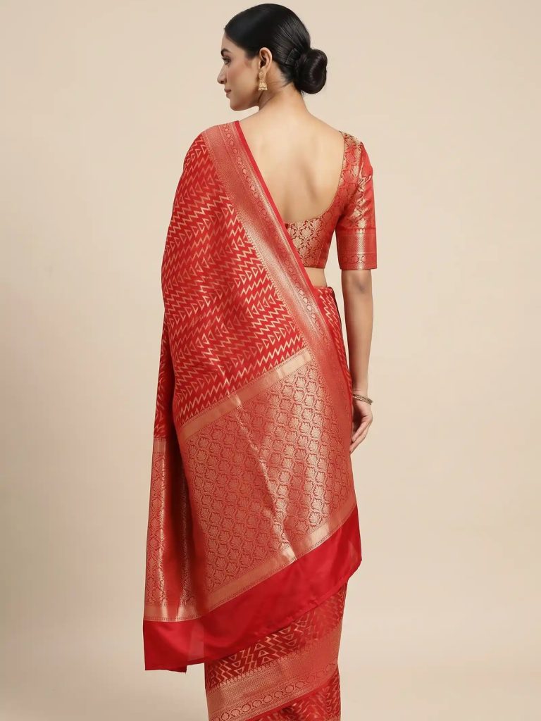 Red Semi Silk Banarasi Saree With ZigZag Zari Work