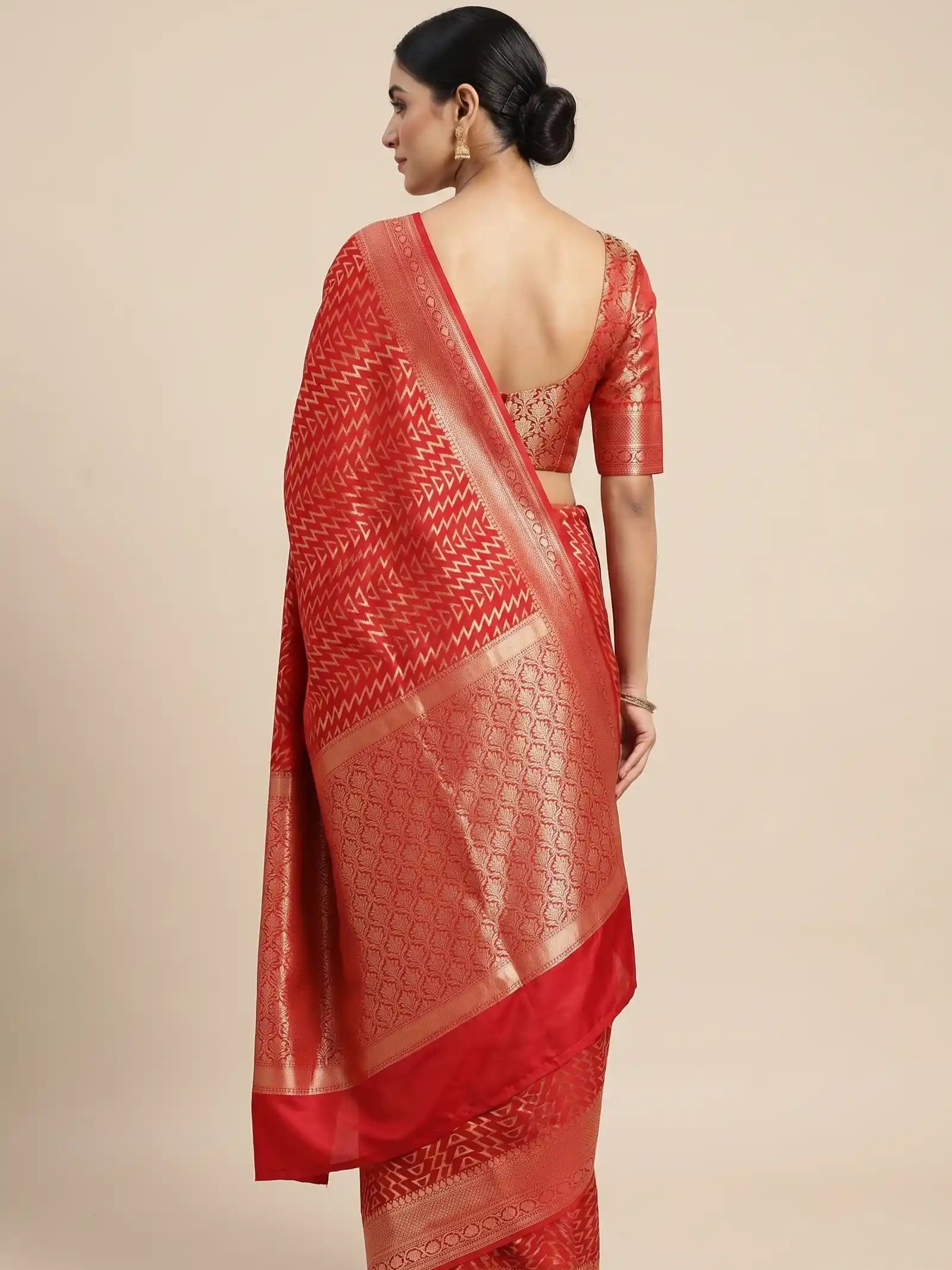 Red Semi Silk Banarasi Saree With ZigZag Zari Work