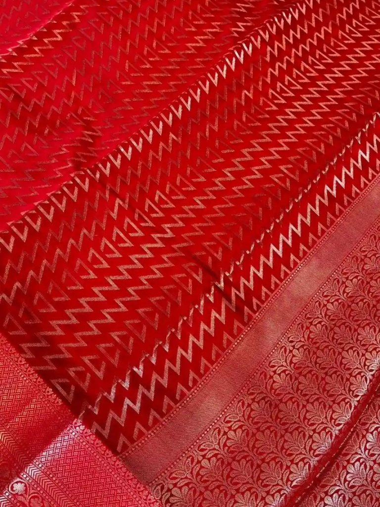 Red Semi Silk Banarasi Saree With ZigZag Zari Work