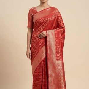 Red Semi Silk Banarasi Saree With ZigZag Zari Work
