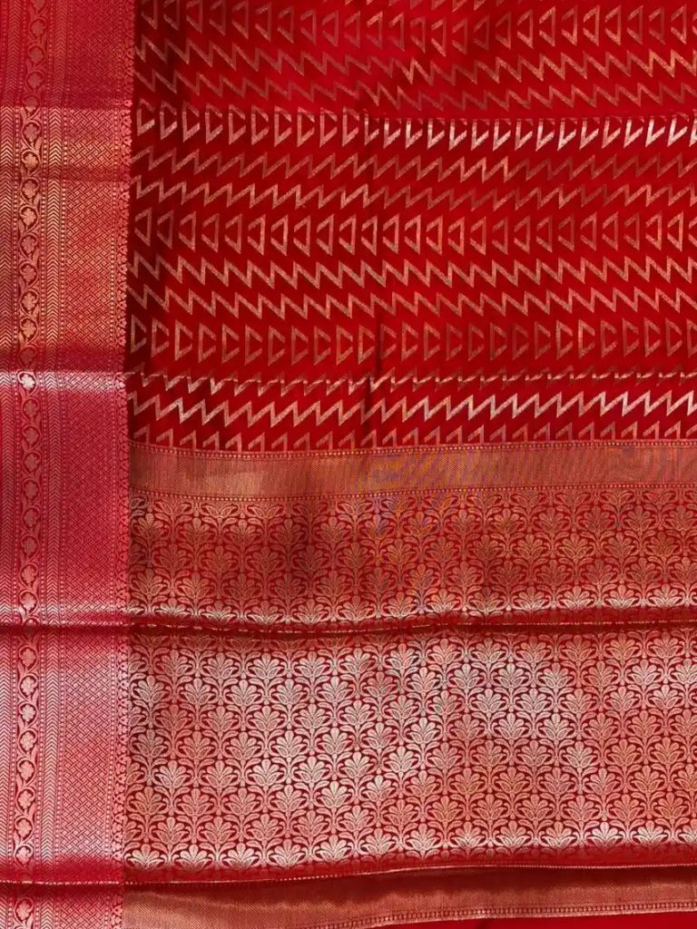 Red Semi Silk Banarasi Saree With ZigZag Zari Work