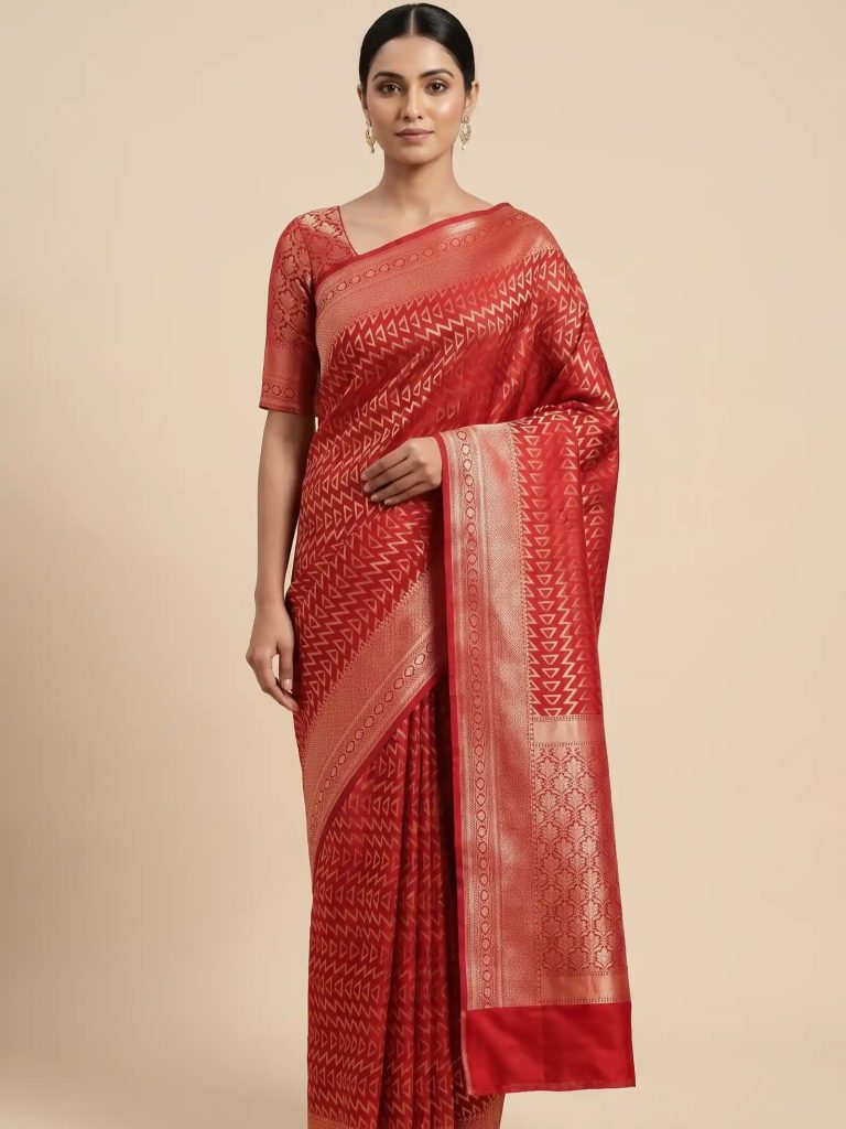 Red Semi Silk Banarasi Saree With ZigZag Zari Work