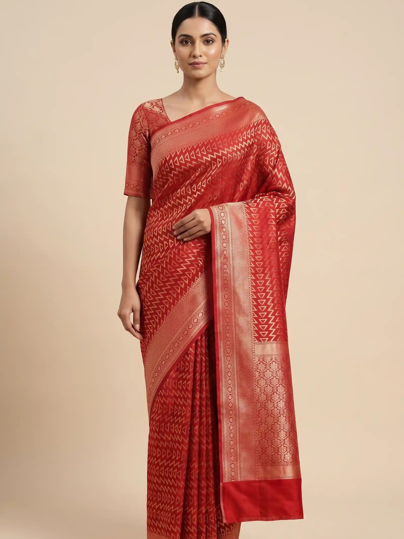 Red Semi Silk Banarasi Saree With ZigZag Zari Work