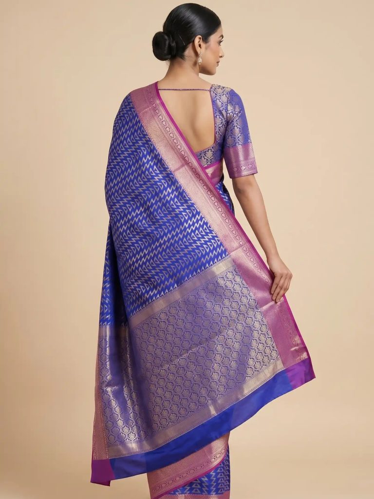 Royal Blue Semi Silk Banarasi Saree With ZigZag Zari Work