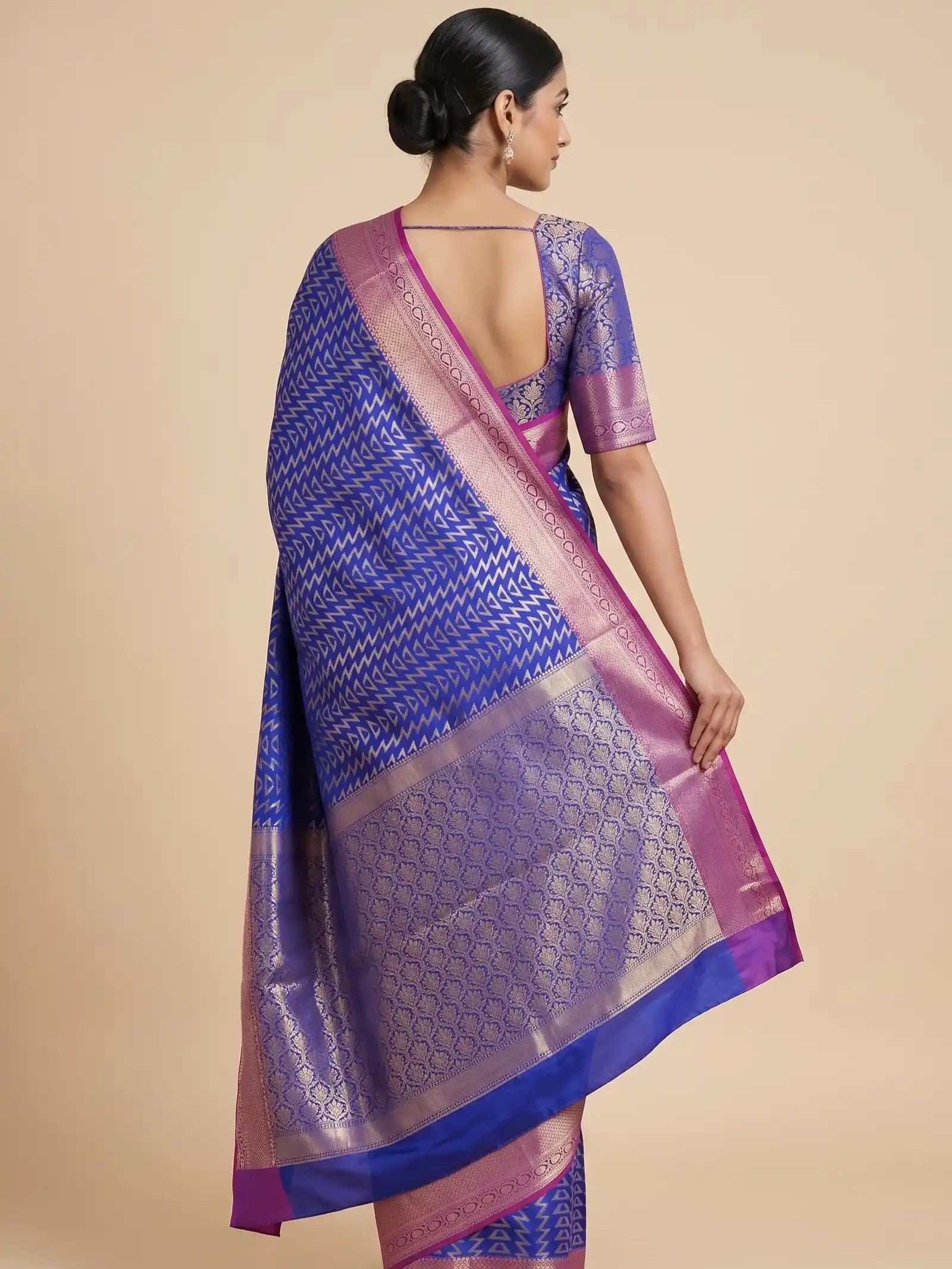 Royal Blue Semi Silk Banarasi Saree With ZigZag Zari Work