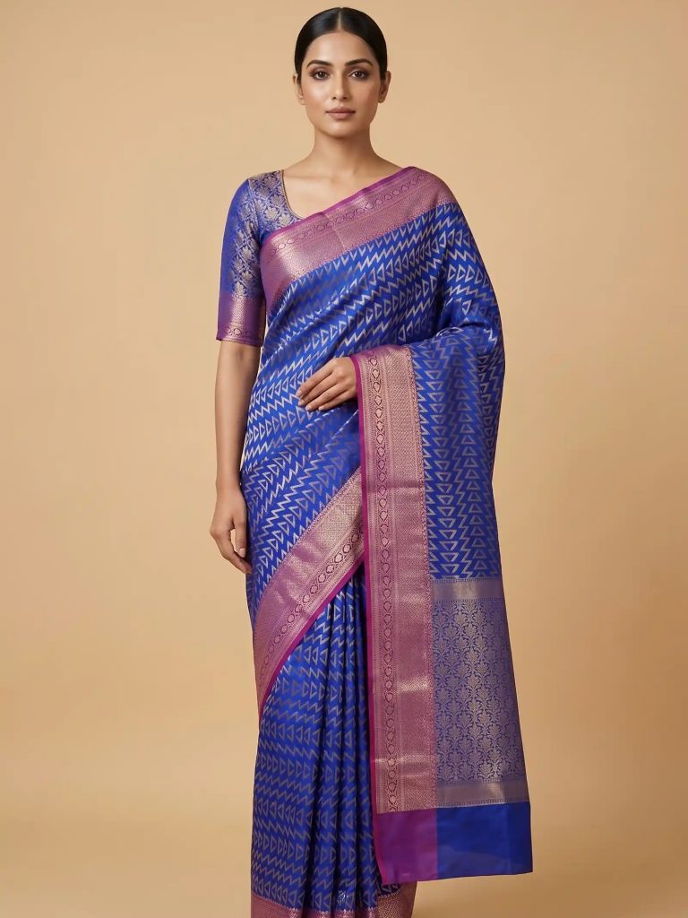 Royal Blue Semi Silk Banarasi Saree With ZigZag Zari Work